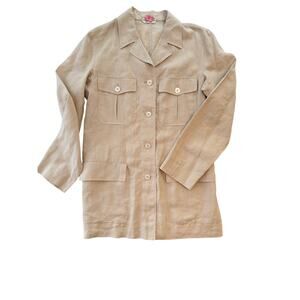 Max Mara 100% Linen Safari Shirt Jacket US 12 IT44 Khaki Button Front Italy